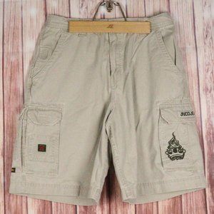 JNCO Jeans Mens Khaki Cargo Shorts 1985 Size 34 Flaming Crown Y2k Vintage Baggy